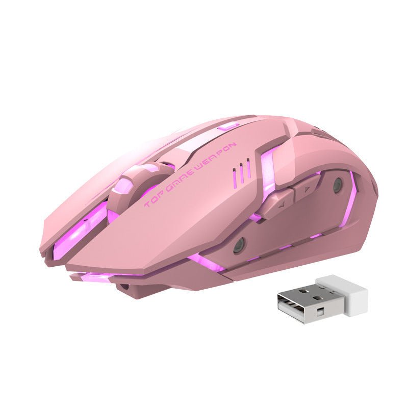 Wireless Charging Silent Gaming Mouse Machinery Mouse with blue LED lights, ergonomic design, and USB receiver on a laptop keyboard.