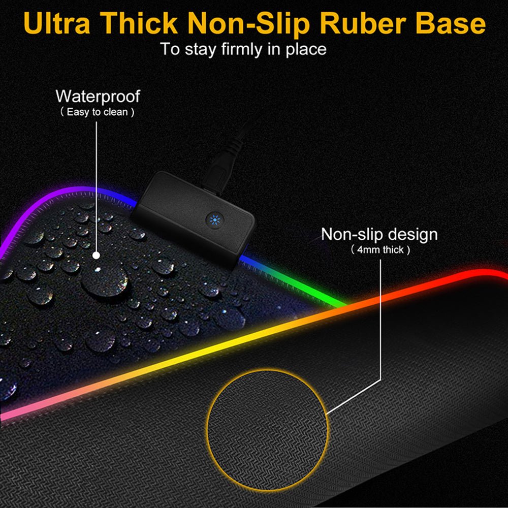 Luminous Mouse RGB Mouse LED Gaming Large Office Desk Pad with vibrant multicolor LED edge lighting and geometric pattern, ideal for gamers and office setups.