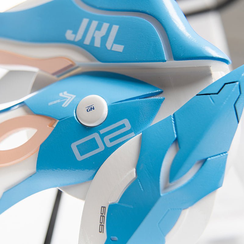 Butterfly Tech Mecha Wireless Bluetooth Headset in cyberpunk style with blue and peach winged ear covers, displayed on a wig mannequin stand.