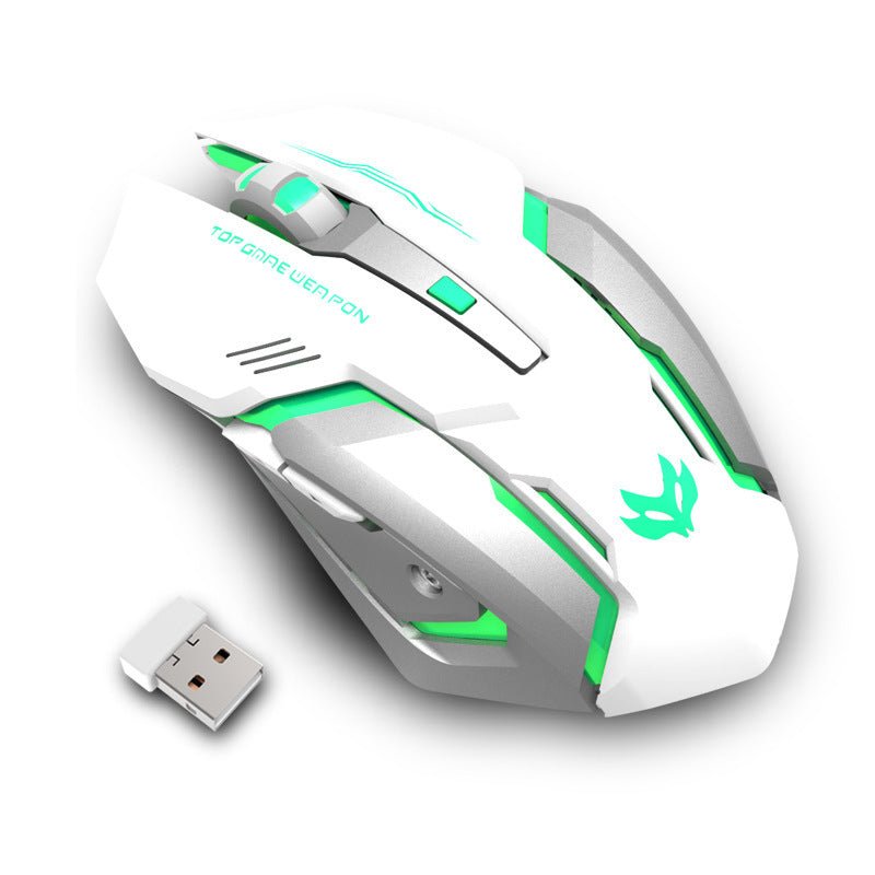 Wireless Charging Silent Gaming Mouse Machinery Mouse with blue LED lights, ergonomic design, and USB receiver on a laptop keyboard.