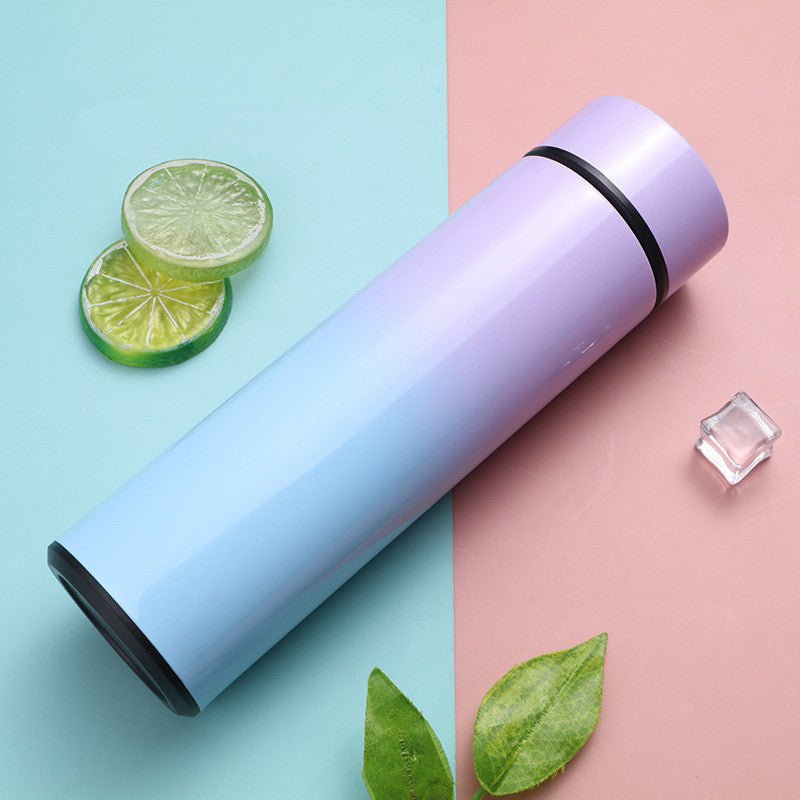 Intelligent stainless steel bottle cup temperature display vacuum flasks in pastel gradient colors, ideal for travel and hot or cold beverages.