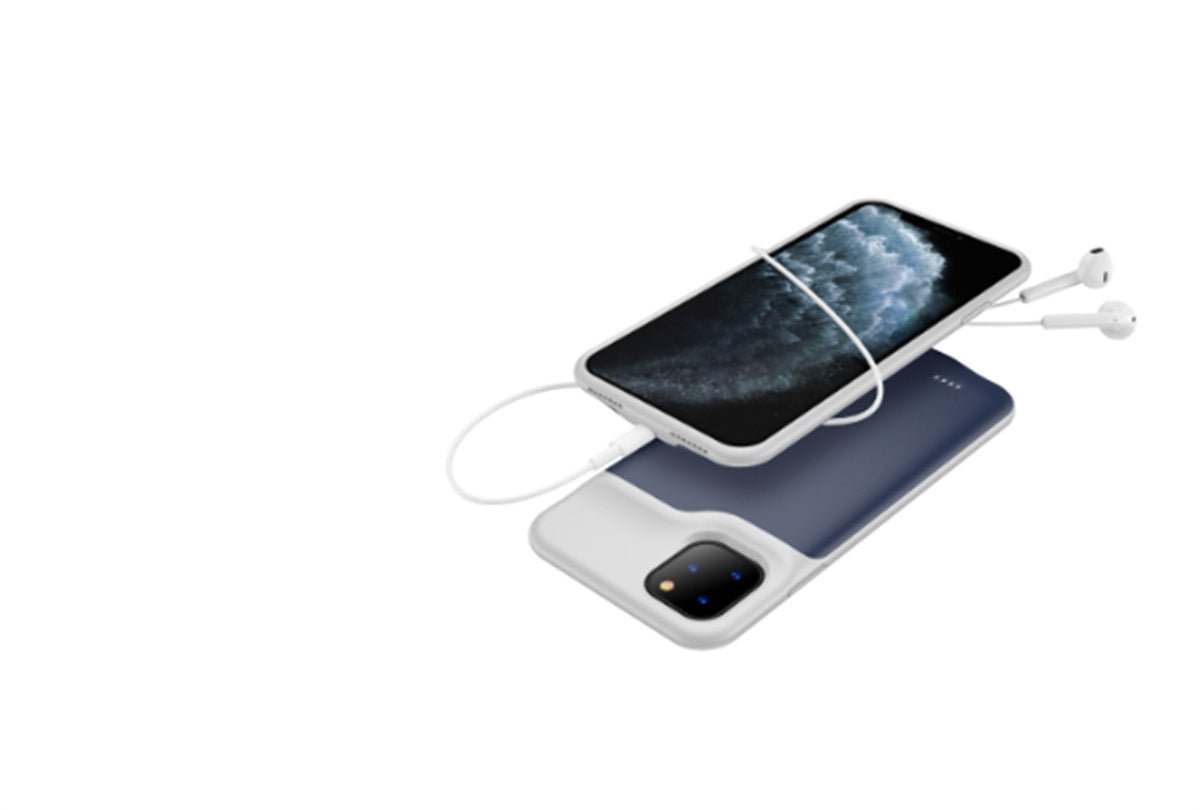Shockproof Silicone Battery Charger Case for iPhone in black, white, and navy colors with LED indicators and power button, durable charging case.