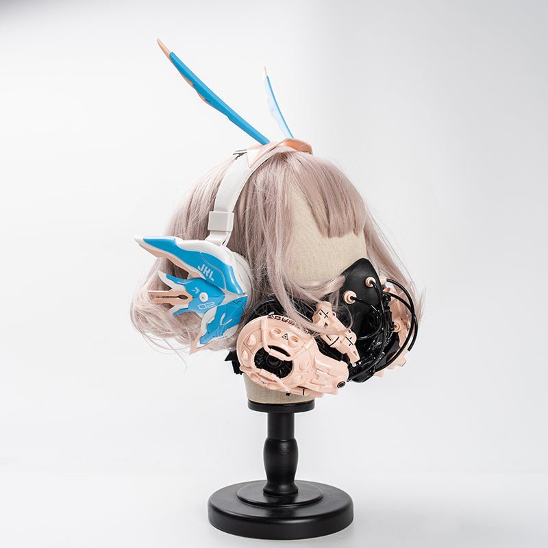 Butterfly Tech Mecha Wireless Bluetooth Headset in cyberpunk style with blue and peach winged ear covers, displayed on a wig mannequin stand.