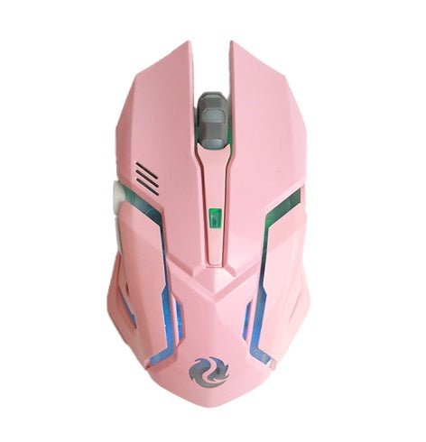 Wireless Charging Silent Gaming Mouse Machinery Mouse with blue LED lights, ergonomic design, and USB receiver on a laptop keyboard.