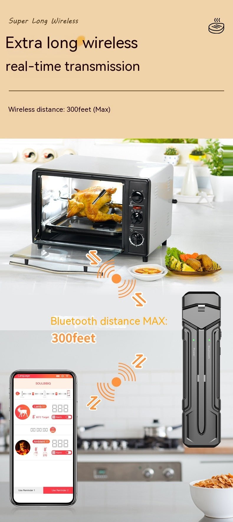Wireless Kitchen Oven Thermometer with black dual-probe design, Bluetooth connectivity, and smartphone app for precise cooking control.