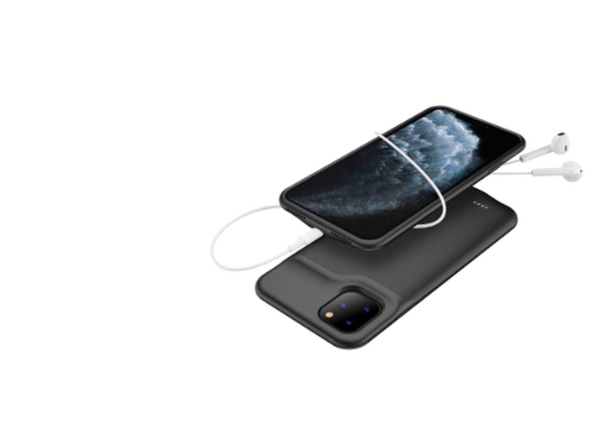 Shockproof Silicone Battery Charger Case for iPhone in black, white, and navy colors with LED indicators and power button, durable charging case.