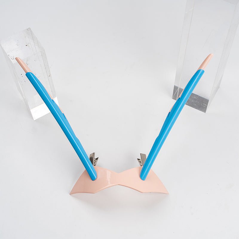 Butterfly Tech Mecha Wireless Bluetooth Headset in cyberpunk style with blue and peach winged ear covers, displayed on a wig mannequin stand.