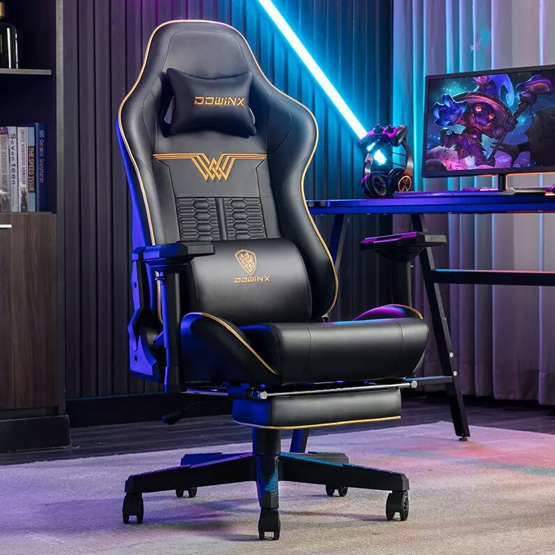 Dowinx Men's Chair Human Body Gaming chair in yellow and black leather with 4D adjustable armrests and ergonomic metal frame, ideal for gamers.
