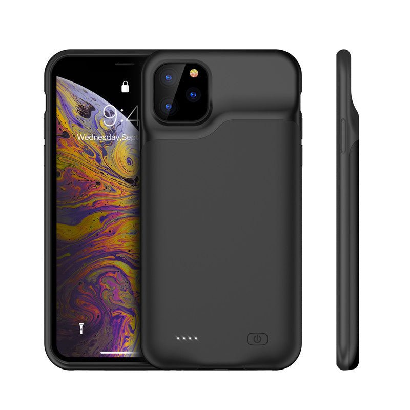 Shockproof Silicone Battery Charger Case for iPhone in black, white, and navy colors with LED indicators and power button, durable charging case.