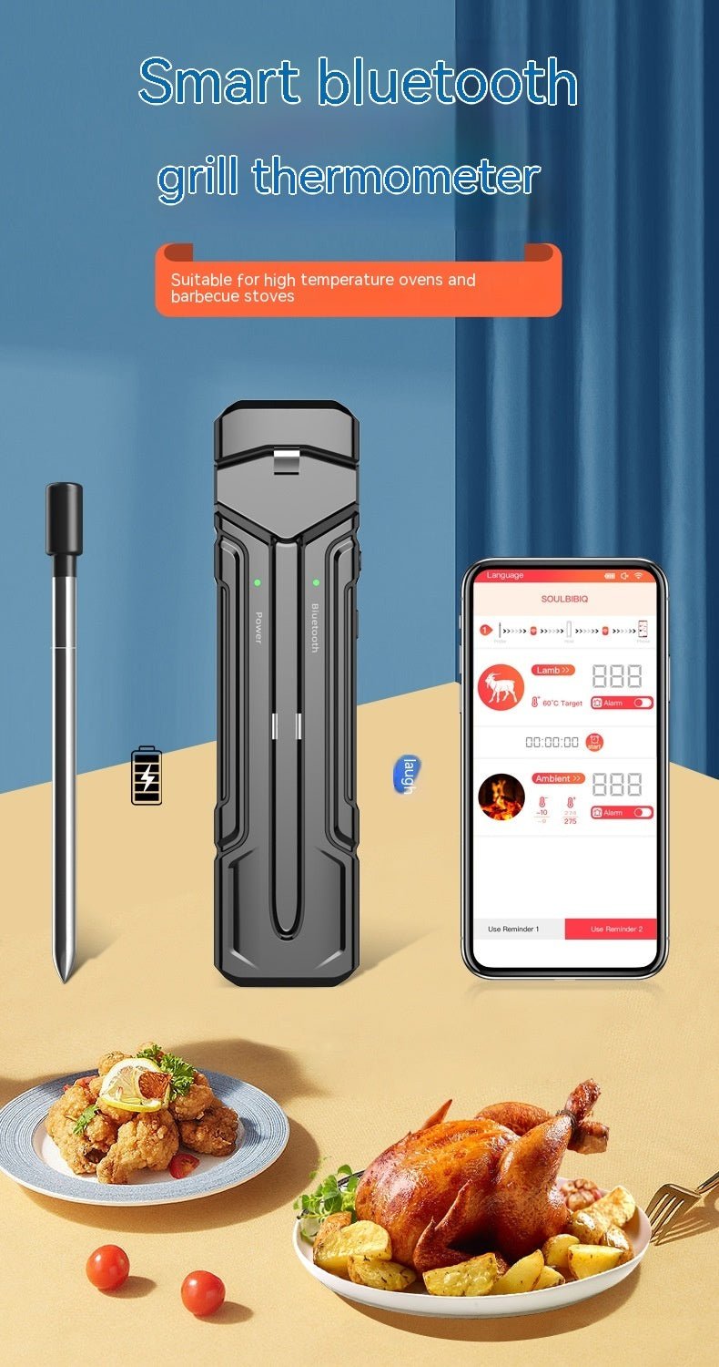 Wireless Kitchen Oven Thermometer with black dual-probe design, Bluetooth connectivity, and smartphone app for precise cooking control.