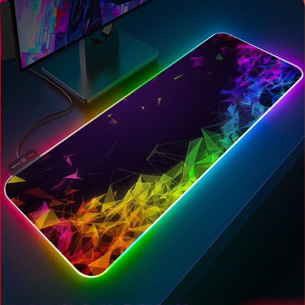 Luminous Mouse RGB Mouse LED Gaming Large Office Desk Pad with vibrant multicolor LED edge lighting and geometric pattern, ideal for gamers and office setups.