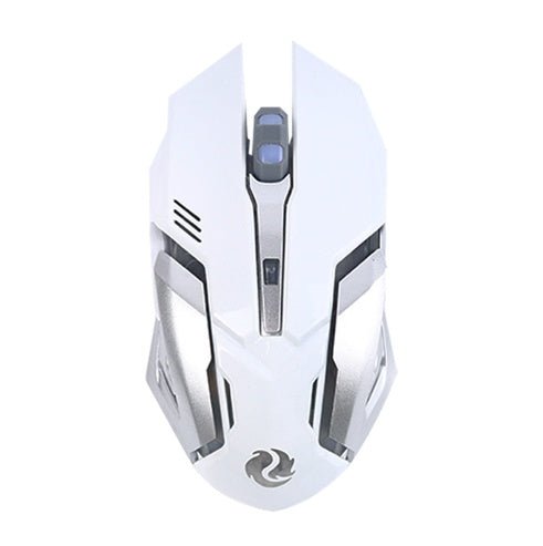 Wireless Charging Silent Gaming Mouse Machinery Mouse with blue LED lights, ergonomic design, and USB receiver on a laptop keyboard.