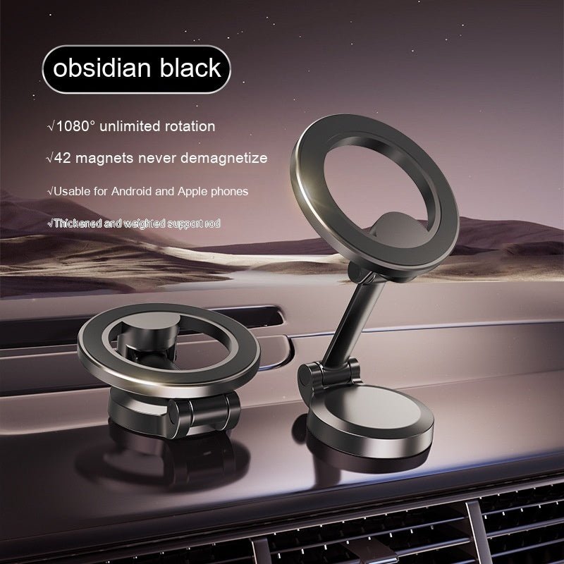 Magnetic car phone mount with all-metal foldable design shown attached to car air vent, holding a smartphone with GPS navigation screen.