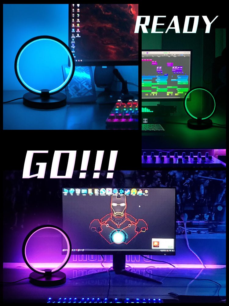 Atmosphere Desk Lamp Bedroom RGB Gaming Colorful Creative with circular LED design, placed beside a gaming monitor and RGB keyboard. Ideal for ambient lighting.