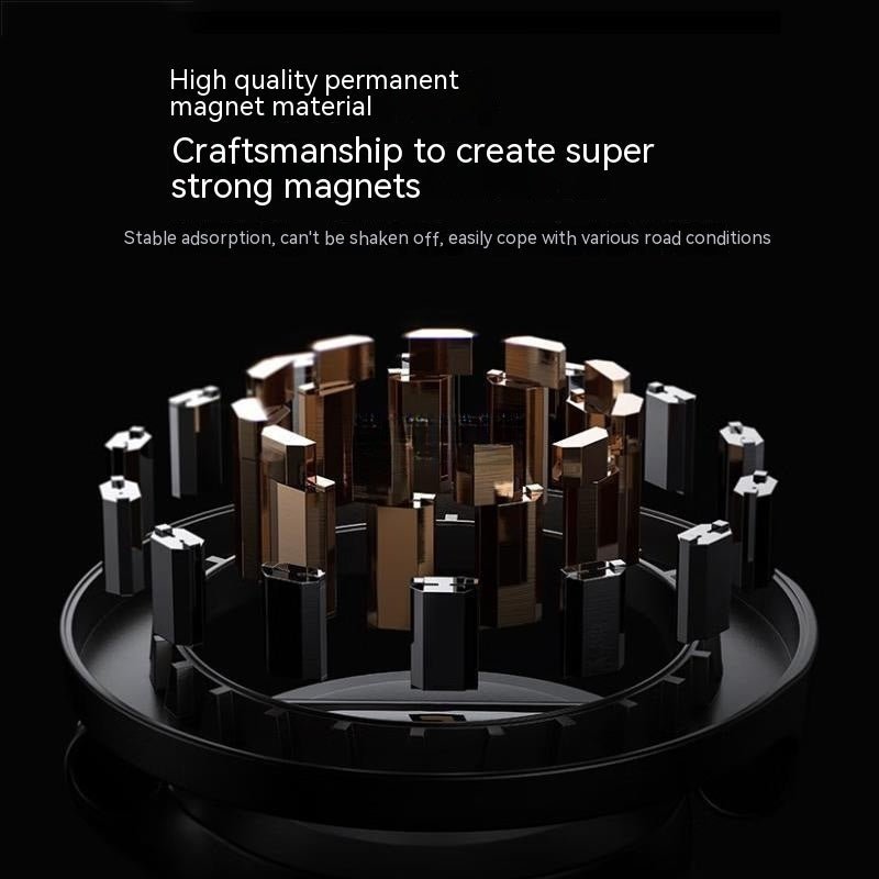 Magnetic car phone mount with all-metal foldable design shown attached to car air vent, holding a smartphone with GPS navigation screen.
