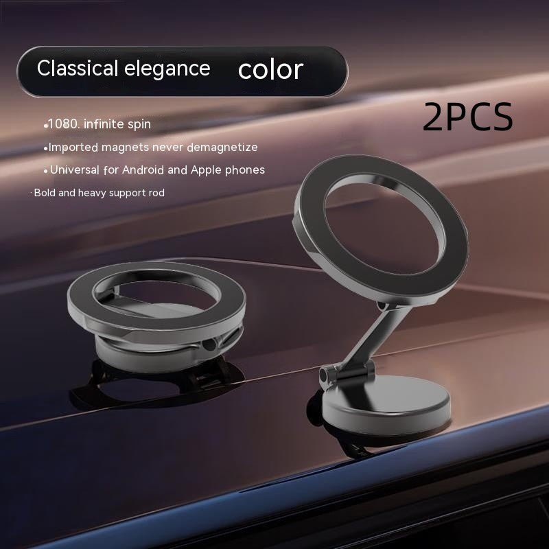 Magnetic car phone mount with all-metal foldable design shown attached to car air vent, holding a smartphone with GPS navigation screen.