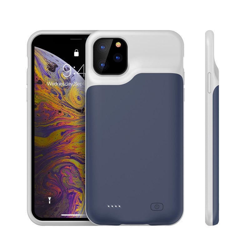 Shockproof Silicone Battery Charger Case for iPhone in black, white, and navy colors with LED indicators and power button, durable charging case.