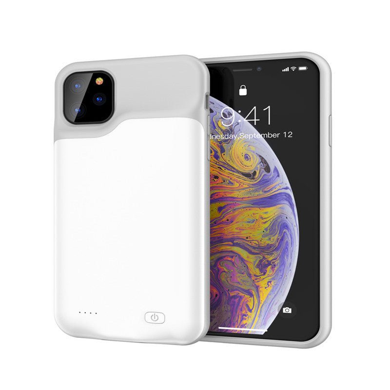 Shockproof Silicone Battery Charger Case for iPhone in black, white, and navy colors with LED indicators and power button, durable charging case.