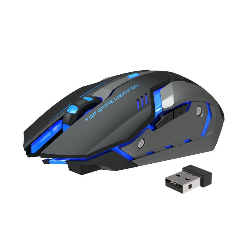 Wireless Charging Silent Gaming Mouse Machinery Mouse with blue LED lights, ergonomic design, and USB receiver on a laptop keyboard.