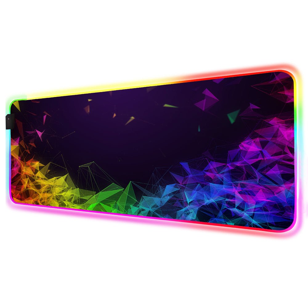 Luminous Mouse RGB Mouse LED Gaming Large Office Desk Pad with vibrant multicolor LED edge lighting and geometric pattern, ideal for gamers and office setups.