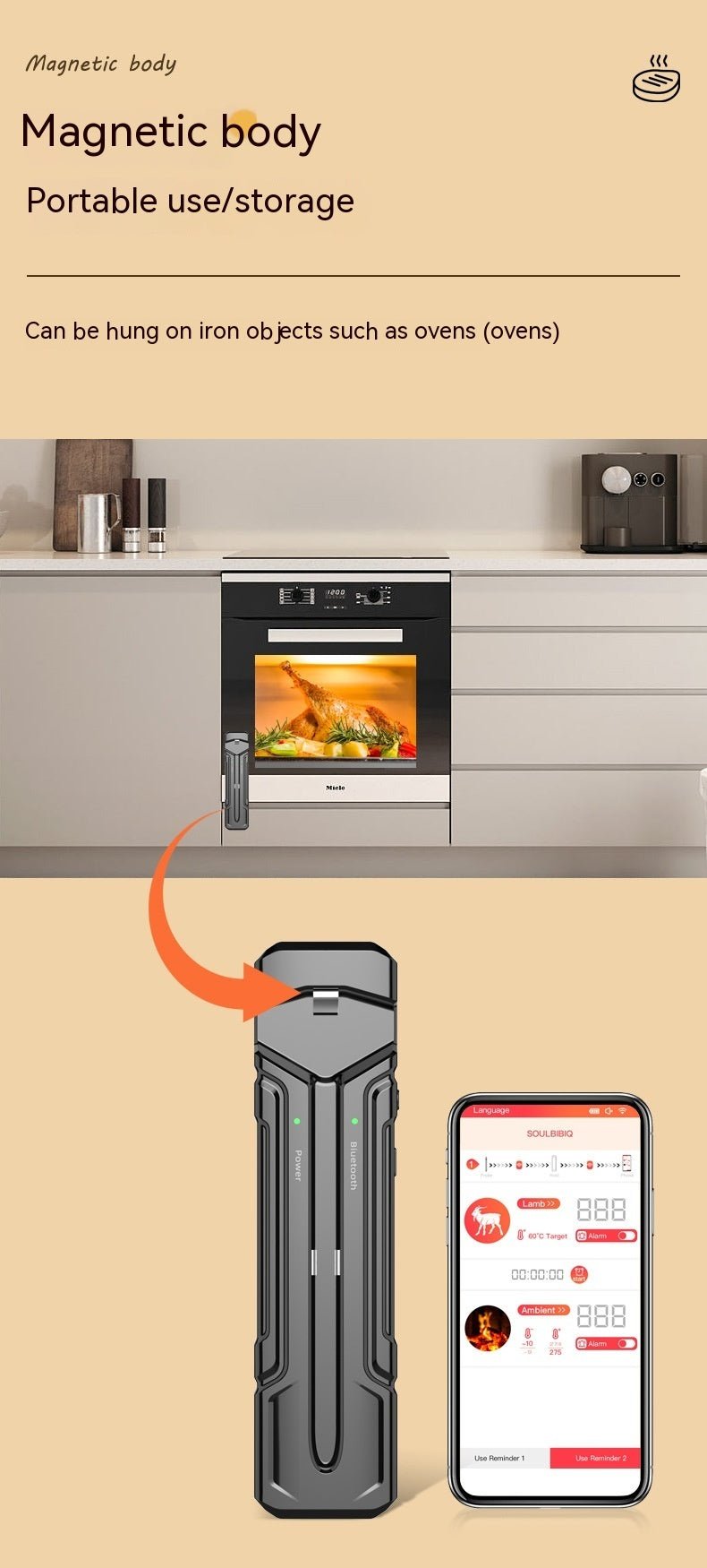 Wireless Kitchen Oven Thermometer with black dual-probe design, Bluetooth connectivity, and smartphone app for precise cooking control.