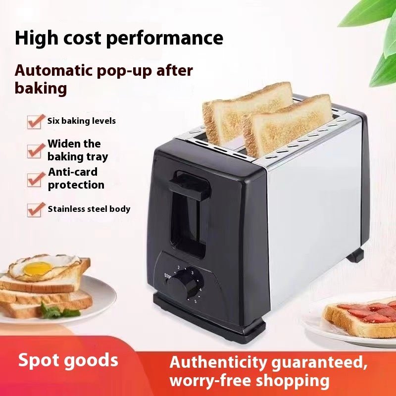 Toaster Home Breakfast Bread Maker in black with two slices of bread, featuring adjustable browning dial and semi-automatic function on kitchen counter.