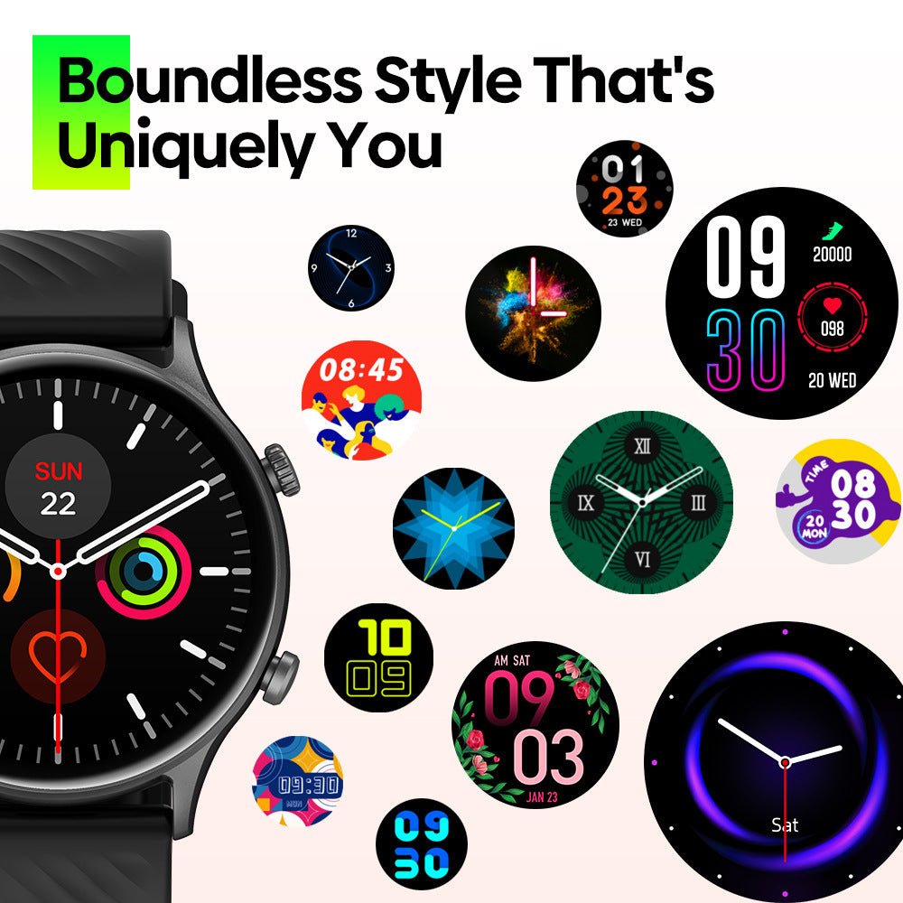 Bluetooth Fitness Mode Heart Rate Monitoring Smartwatch in pink, blue, and black with round touch screens and colorful fitness displays.