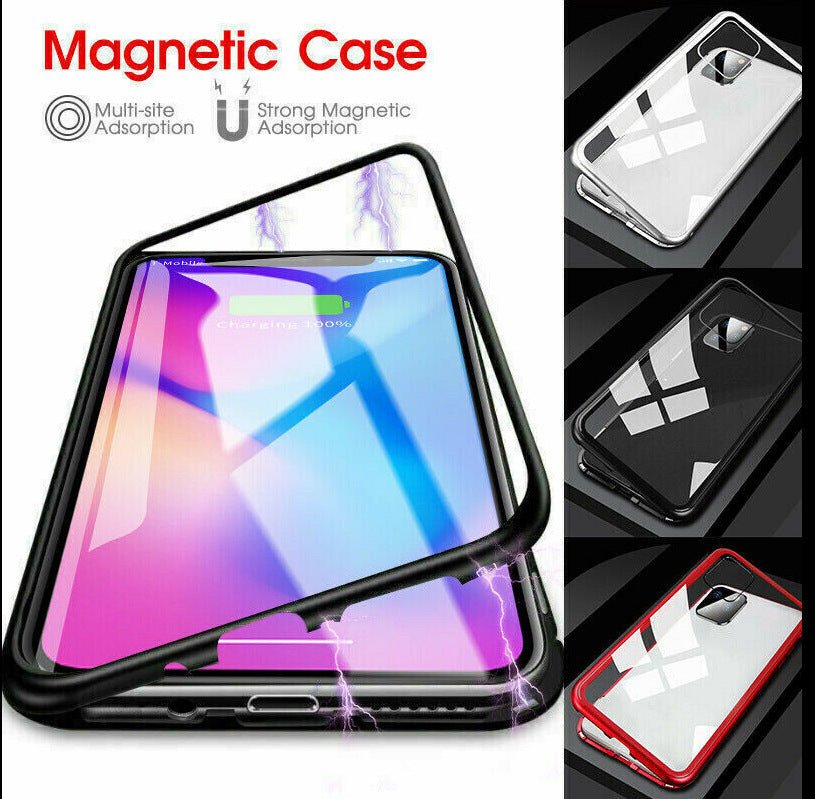 Magnetic tempered glass phone case with multi-site strong magnetic adsorption for iPhone 11 series in red, black, and silver colors