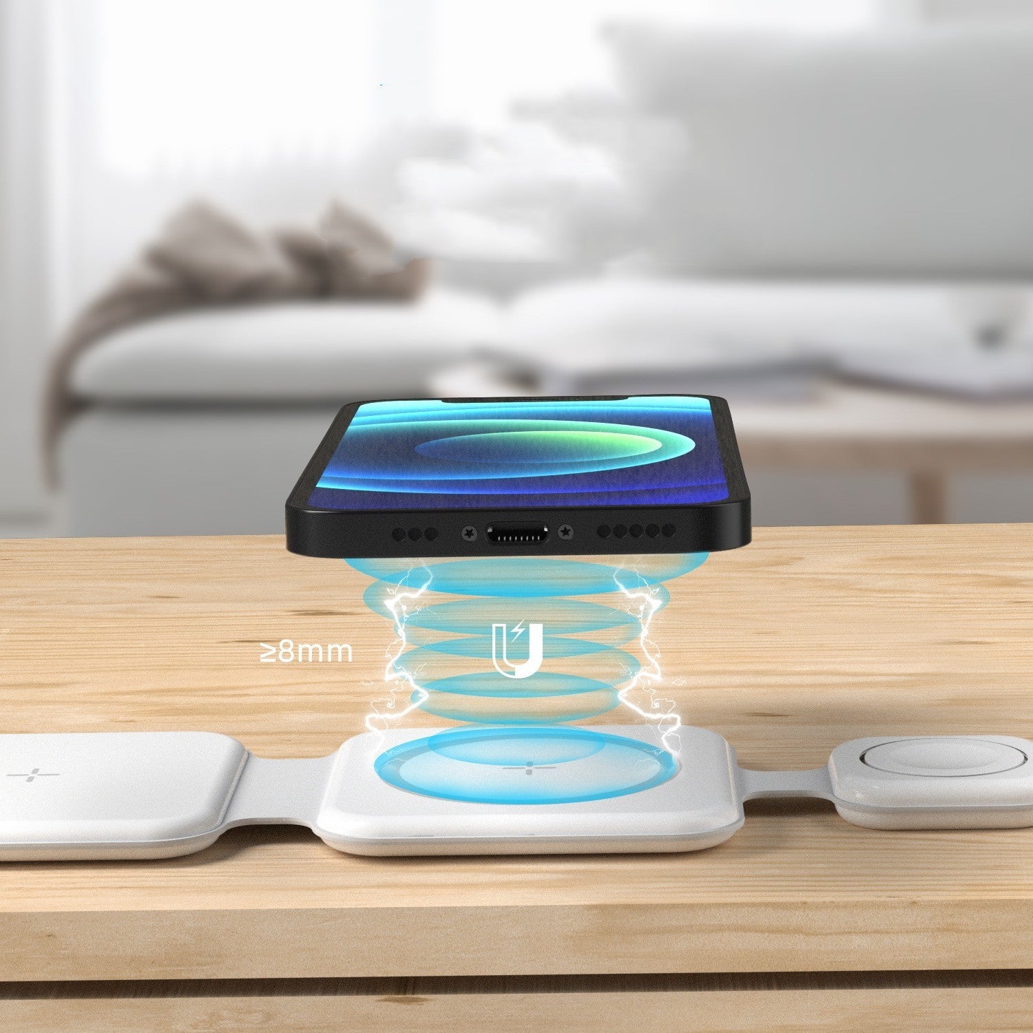 Magnetic Foldable Wireless Charger - 3 in 1 charging station for iPhone, AirPods, and Apple Watch with fast 15W charging and compact foldable design.