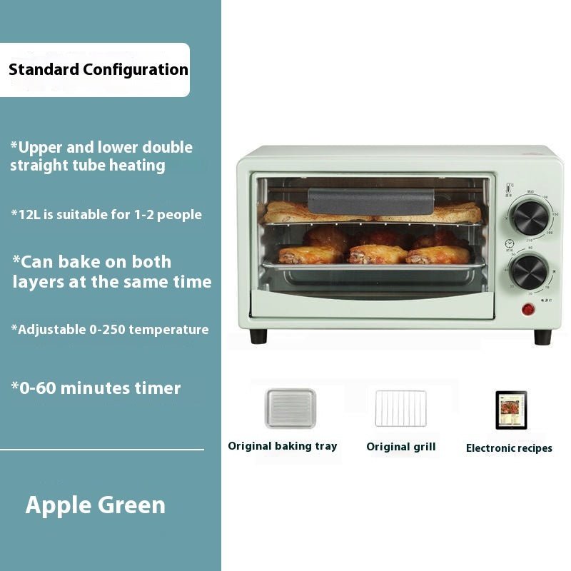 Product display of Automatic Timing Steaming And Baking All-in-one Machine Toaster Oven in apple green with features and accessories listed.
