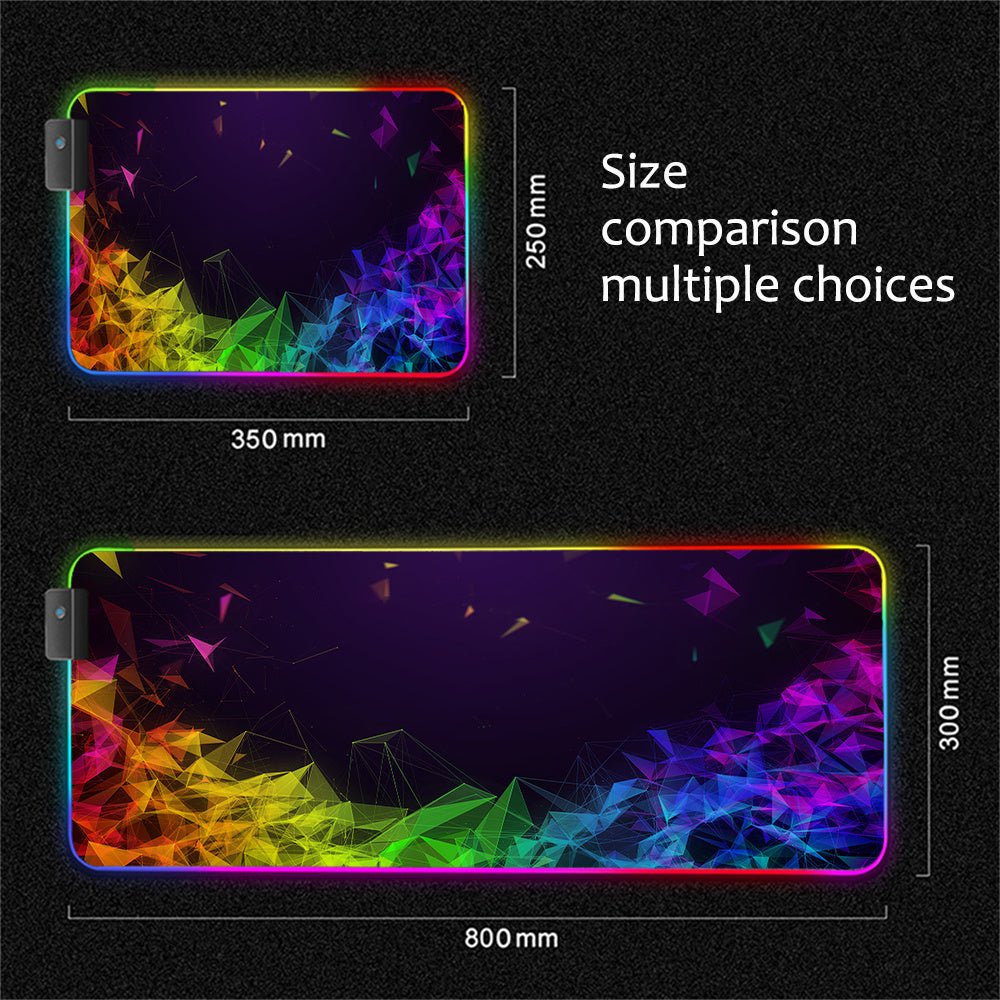 Luminous Mouse RGB Mouse LED Gaming Large Office Desk Pad with vibrant multicolor LED edge lighting and geometric pattern, ideal for gamers and office setups.