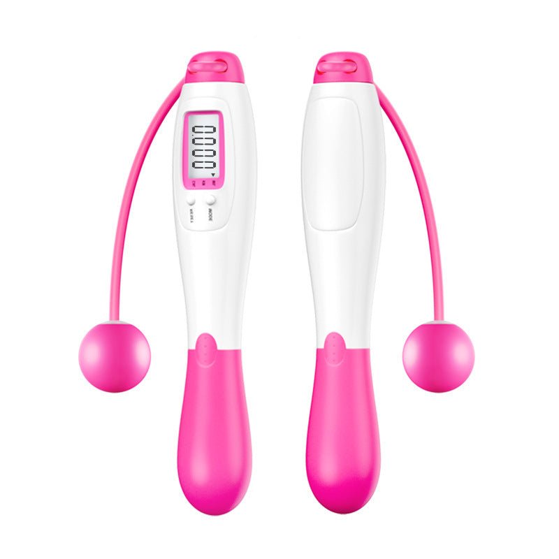 Woman using Cordless Jump Ropes Smart Electronic Digital wireless Skip Rope for indoor fitness. Ideal for calorie tracking and body building workouts.