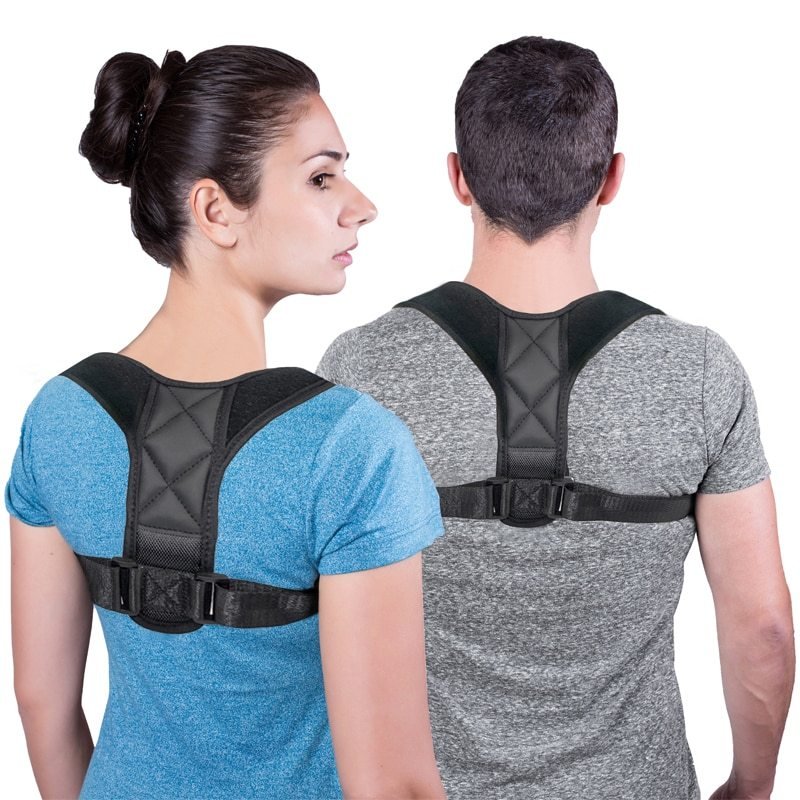 Medical clavicle posture corrector strap worn by man and woman for back support and alignment.