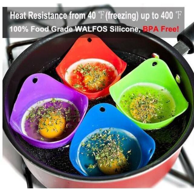 Green Silicone Egg Cooker 4 Color Silicone Egg Cooker set with eggs cooking in colorful silicone cups in a frying pan. Heat-resistant, non-stick kitchen tool.