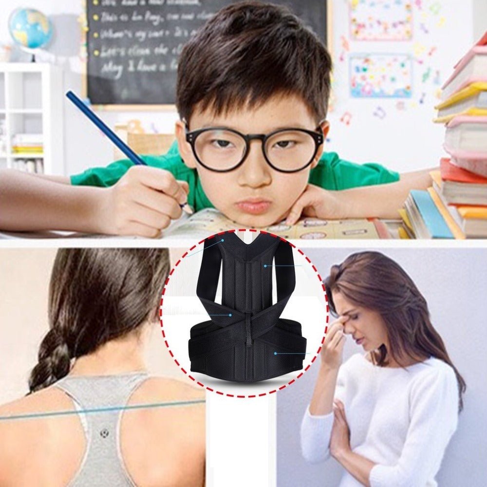 Spine Bending Posture Corrector with nano-carbon titanium keel and dual cartilage support shown on model's back. Features breathable fabric and ergonomic design.