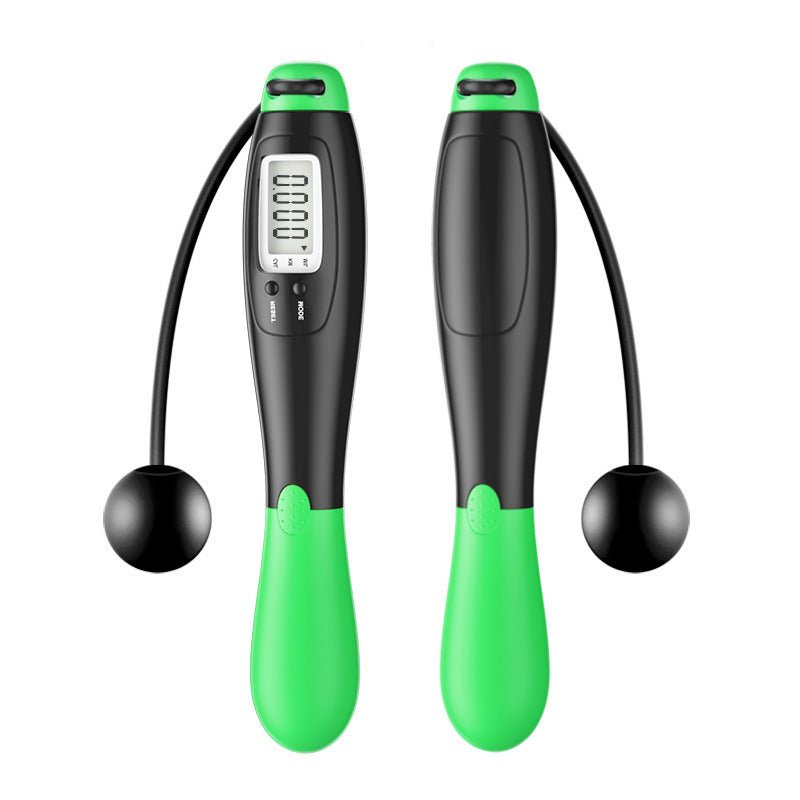 Woman using Cordless Jump Ropes Smart Electronic Digital wireless Skip Rope for indoor fitness. Ideal for calorie tracking and body building workouts.
