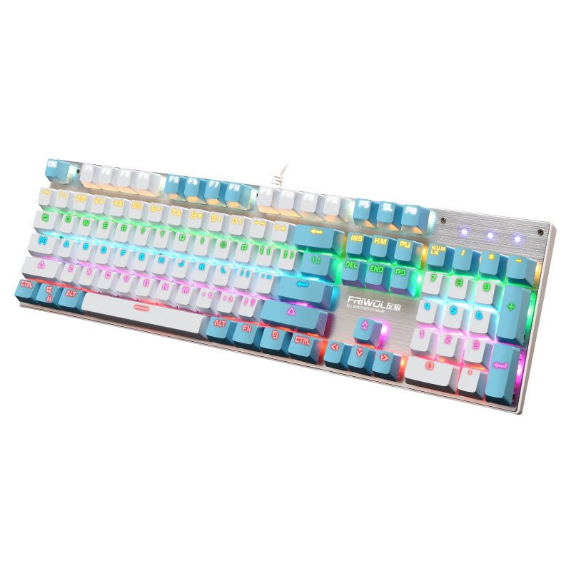 Mechanical waterproof gaming keyboard with RGB backlight connected to a laptop, ideal for desktop gaming setups. Features 104 keys and USB interface.