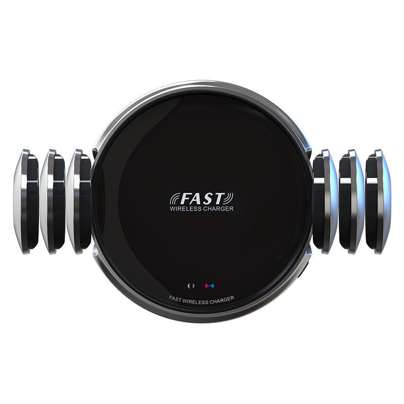 Car Phone Holder with wireless charging and automatic sensor, mounted on car dashboard for hands-free smartphone use while driving.