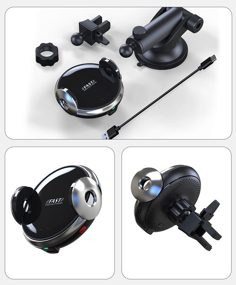 Car Phone Holder with wireless charging and automatic sensor, mounted on car dashboard for hands-free smartphone use while driving.