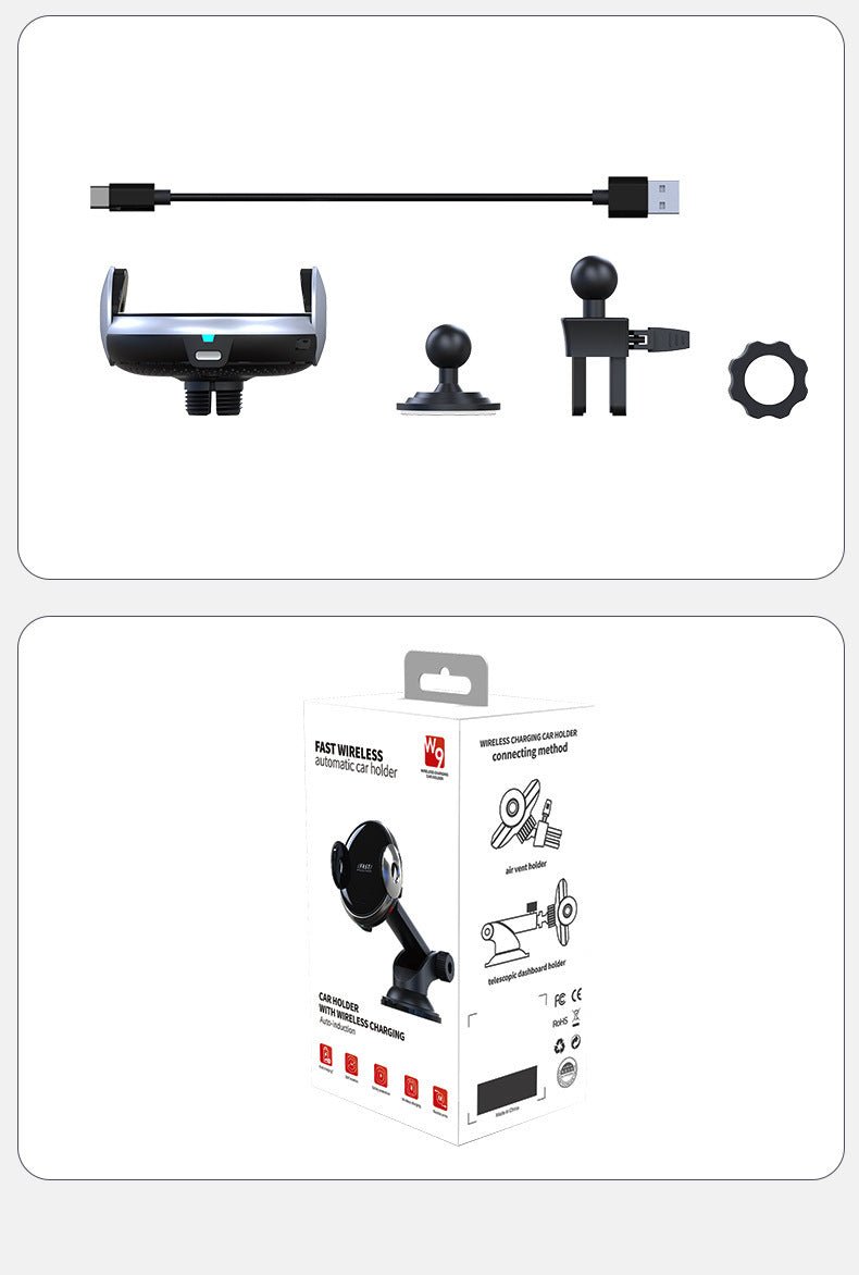 Car Phone Holder with wireless charging and automatic sensor, mounted on car dashboard for hands-free smartphone use while driving.
