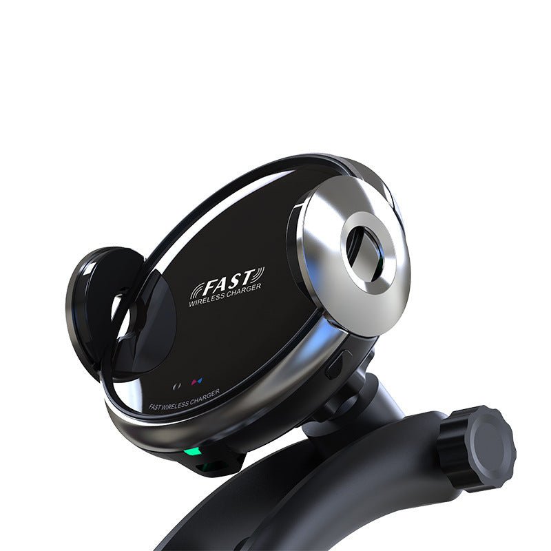 Car Phone Holder with wireless charging and automatic sensor, mounted on car dashboard for hands-free smartphone use while driving.