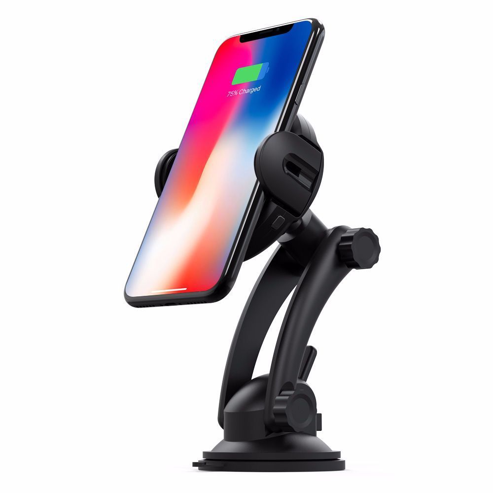 Car Phone Holder with wireless charging and automatic sensor, mounted on car dashboard for hands-free smartphone use while driving.
