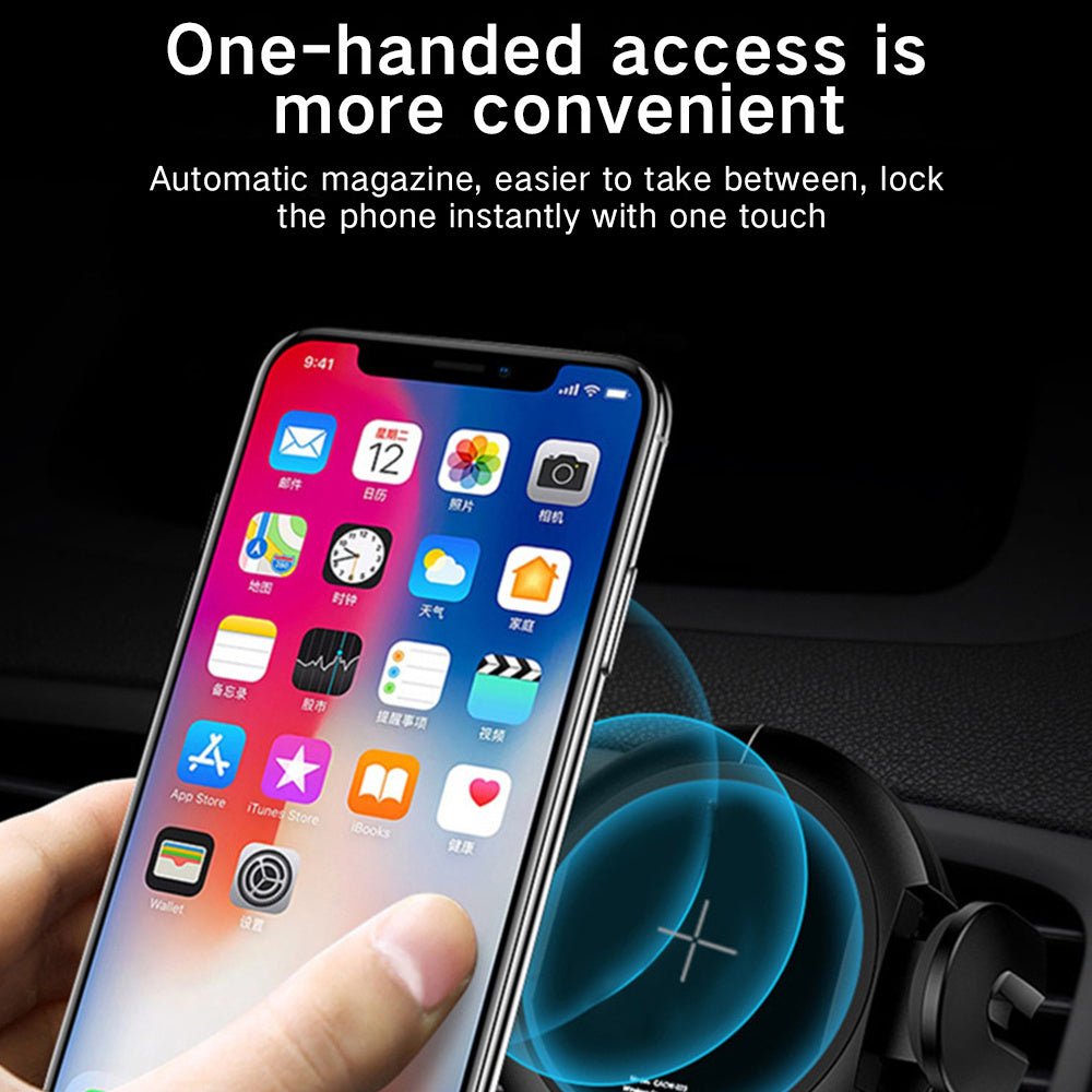 Car Phone Holder with wireless charging and automatic sensor, mounted on car dashboard for hands-free smartphone use while driving.