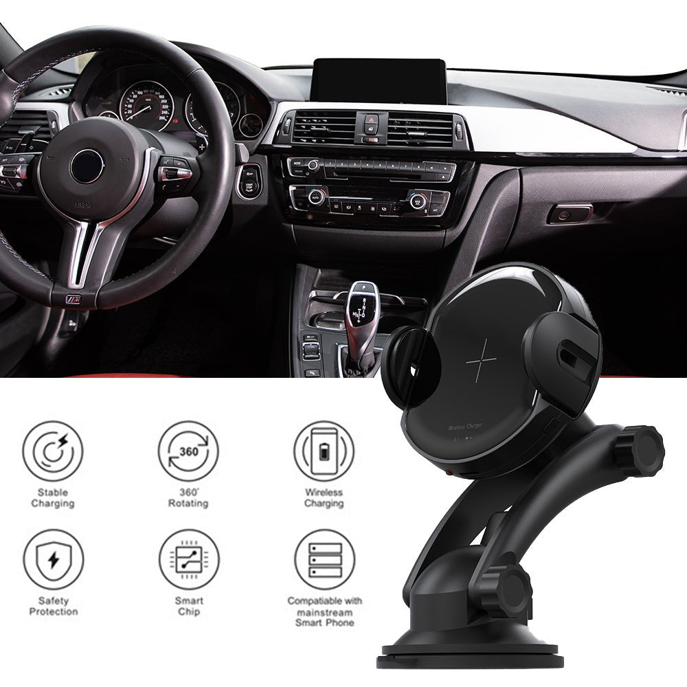 Car Phone Holder with wireless charging and automatic sensor, mounted on car dashboard for hands-free smartphone use while driving.