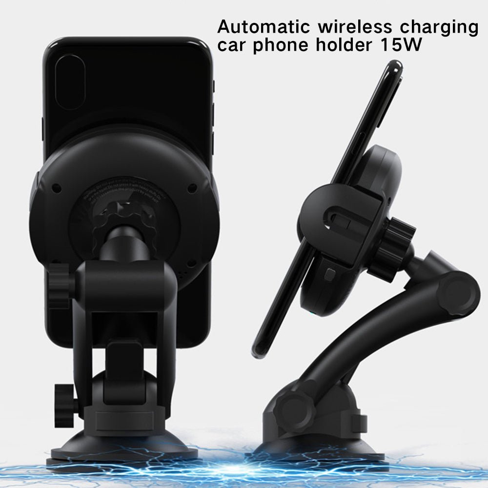 Car Phone Holder with wireless charging and automatic sensor, mounted on car dashboard for hands-free smartphone use while driving.
