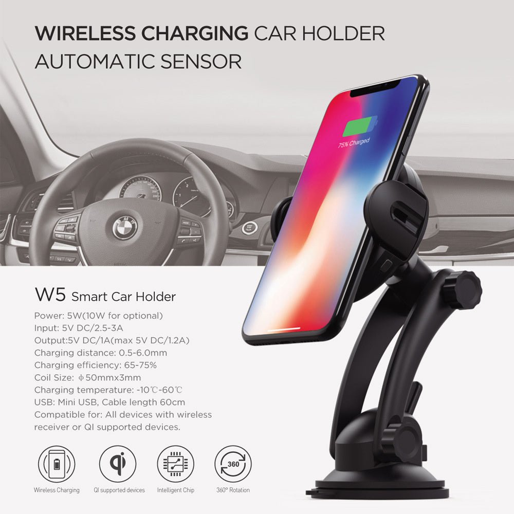 Wireless charging smart car phone holder with automatic sensor and 360-degree rotation for secure phone mounting in vehicle.