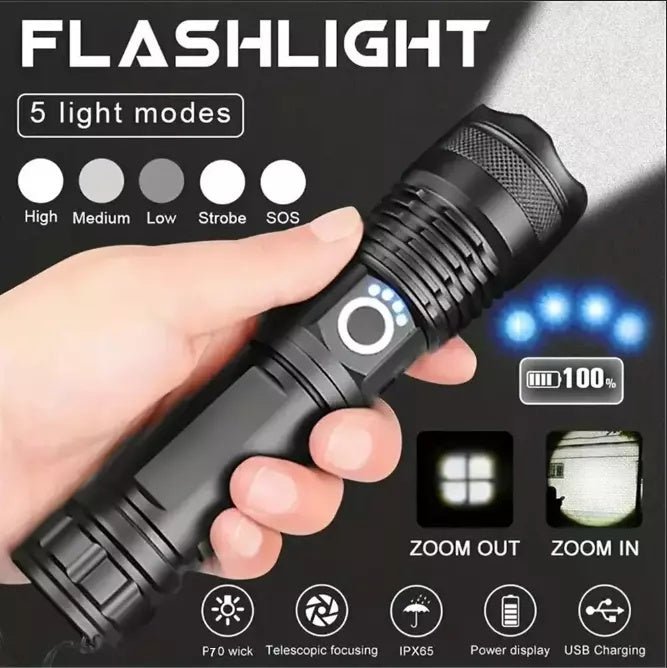 High power 100,000 lumen rechargeable aluminum flashlight with 5 light modes and zoom function.
