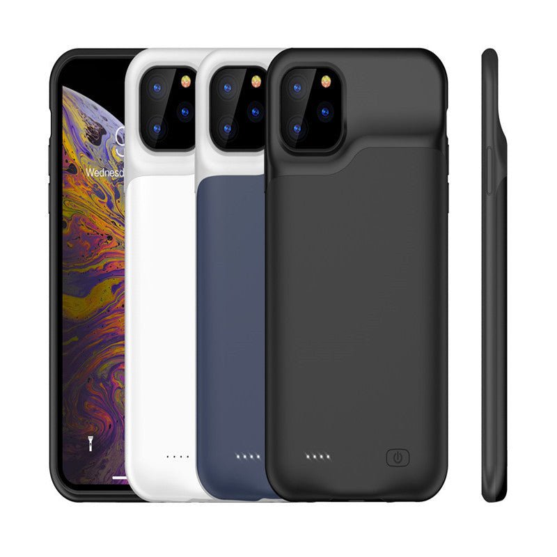 Shockproof silicone battery charger case for iPhone with polymer lithium-ion cell in black, white, and blue colors