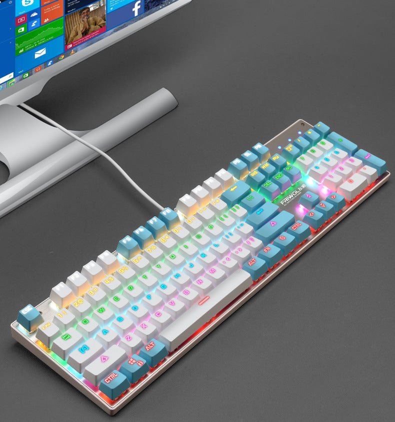 Mechanical waterproof gaming keyboard with RGB backlight connected to a laptop, ideal for desktop gaming setups. Features 104 keys and USB interface.