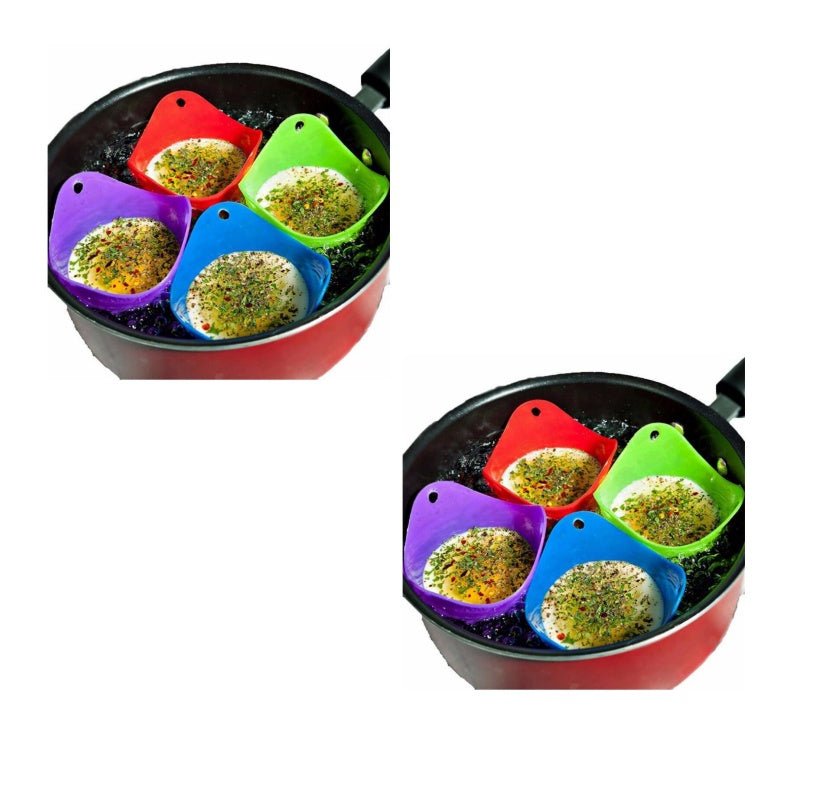 Green Silicone Egg Cooker 4 Color Silicone Egg Cooker set with eggs cooking in colorful silicone cups in a frying pan. Heat-resistant, non-stick kitchen tool.